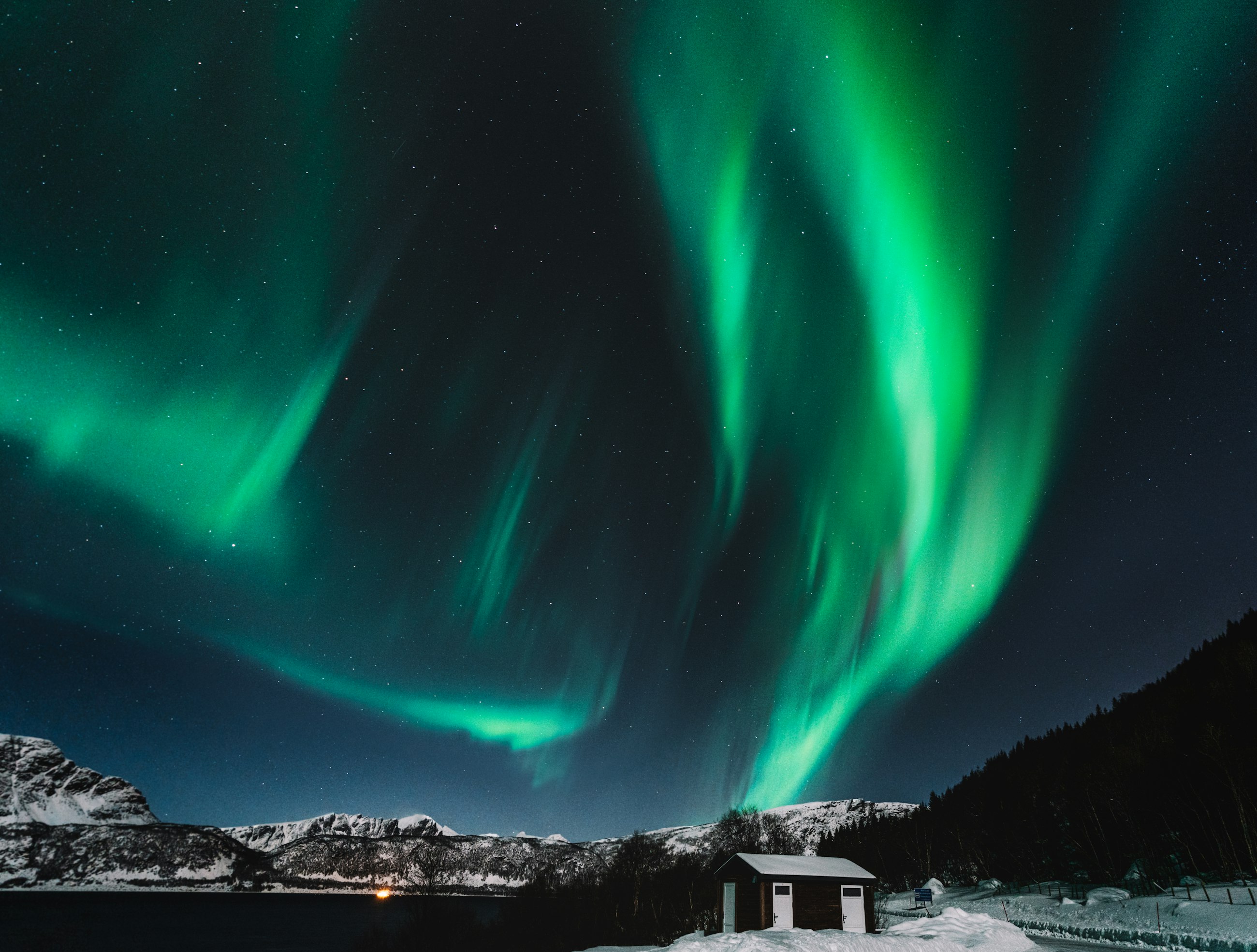 Aurora borealis over a snow-covered Norwegian fjord